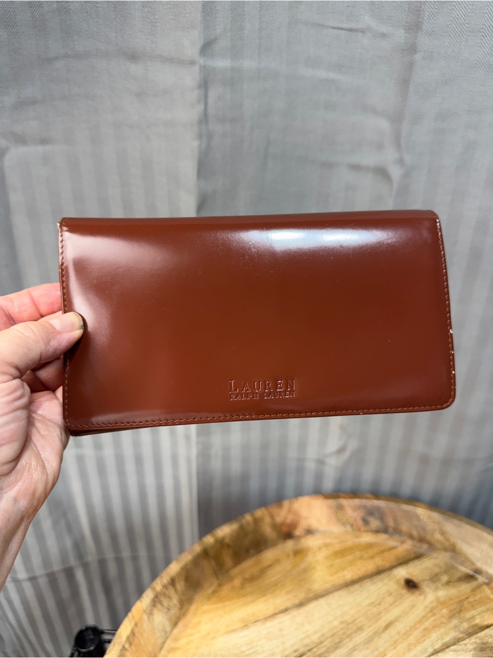 Brown Organizer Wallet Lauren Ralph Lauren Glossy Checkbook Clutch